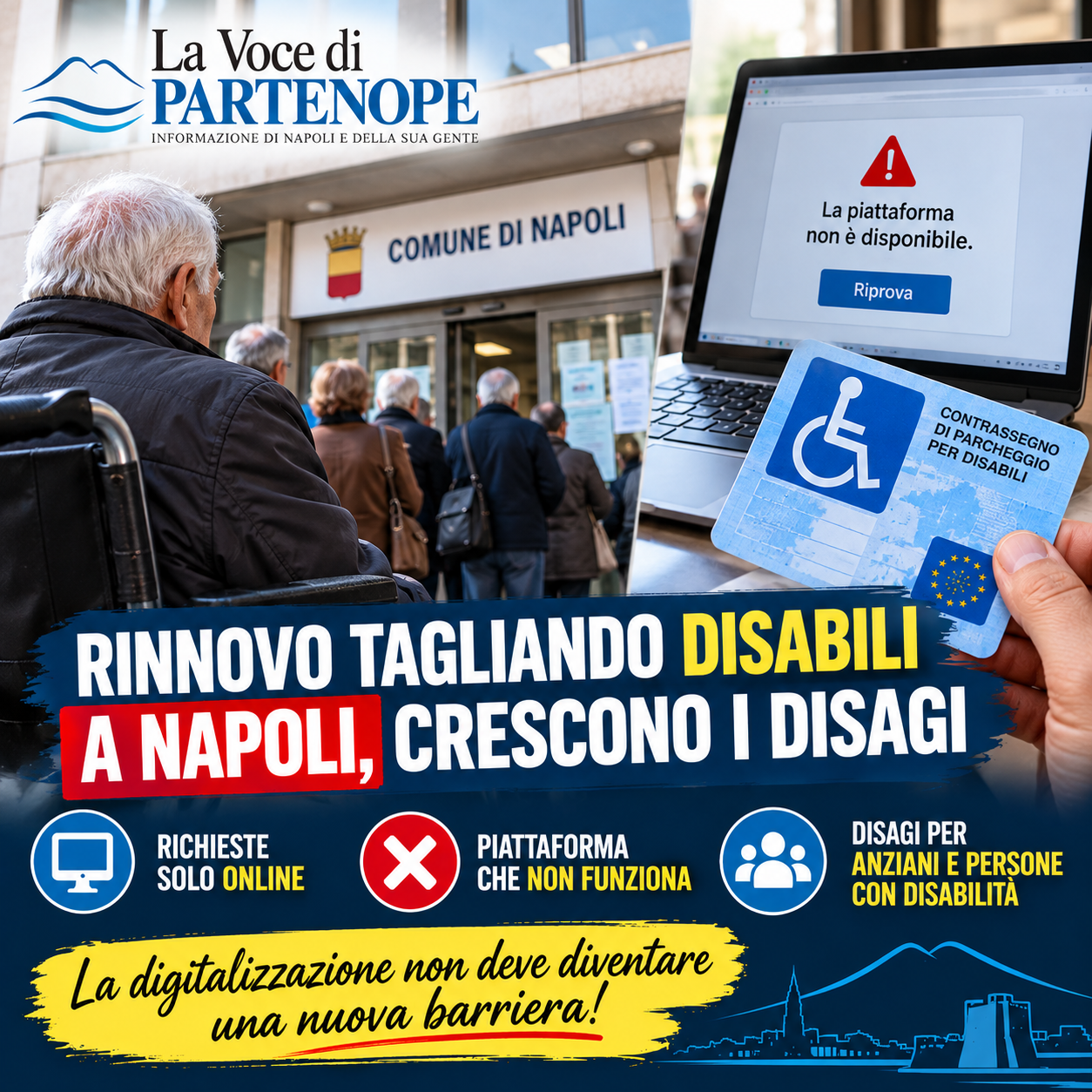 Napoli, rinnovo del contrassegno disabili: disagi e difficoltà con le procedure online. «La digitalizzazione non deve diventare una barriera»