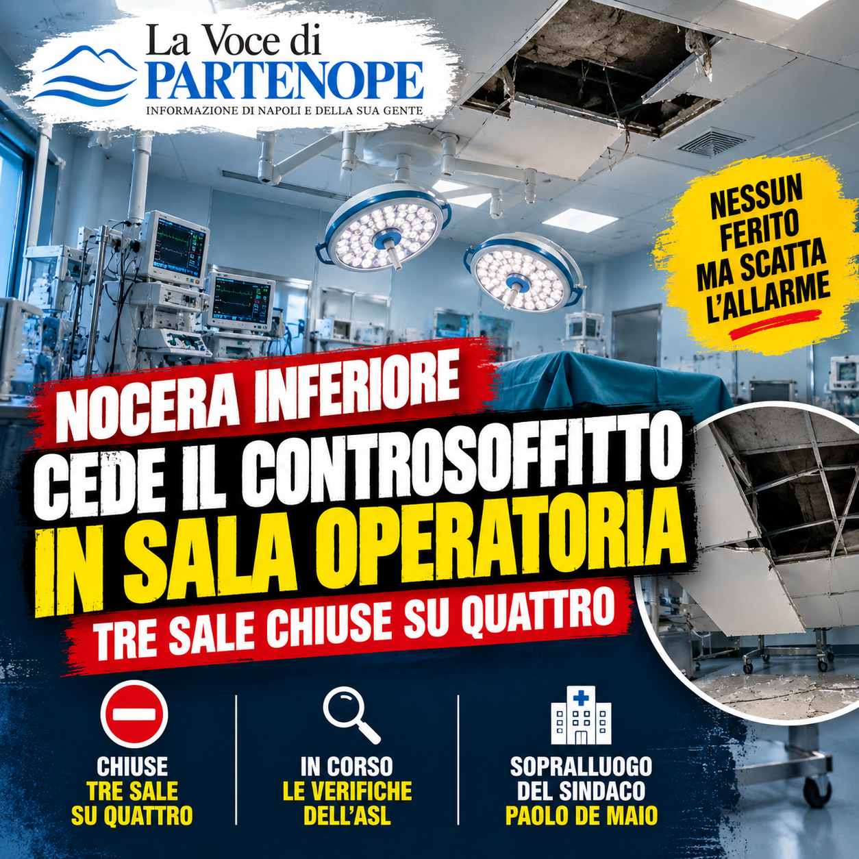 Nocera Inferiore, cede il controsoffitto di una sala operatoria: tre sale chiuse su quattro. È allarme all’ospedale Umberto I