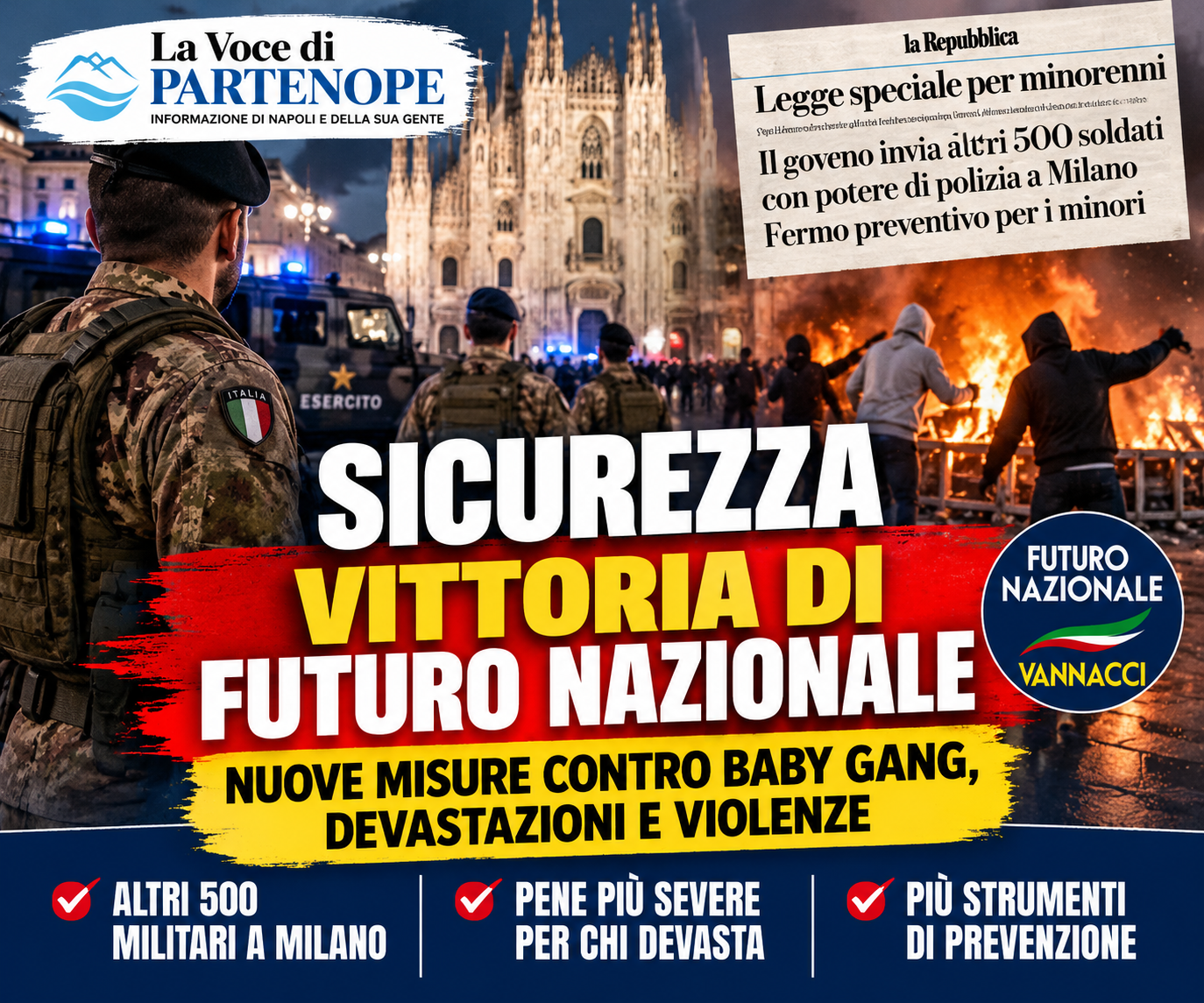 Sicurezza, stretta del Governo contro baby gang e violenze: 500 militari in più a Milano. Futuro Nazionale esulta e rilancia la riforma Vannacci