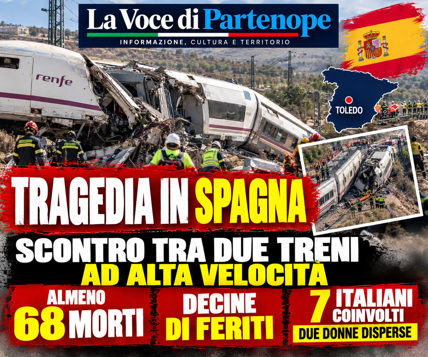 Tragedia in Spagna, scontro tra due treni ad alta velocità: almeno 68 morti. Sette italiani coinvolti, due donne disperse