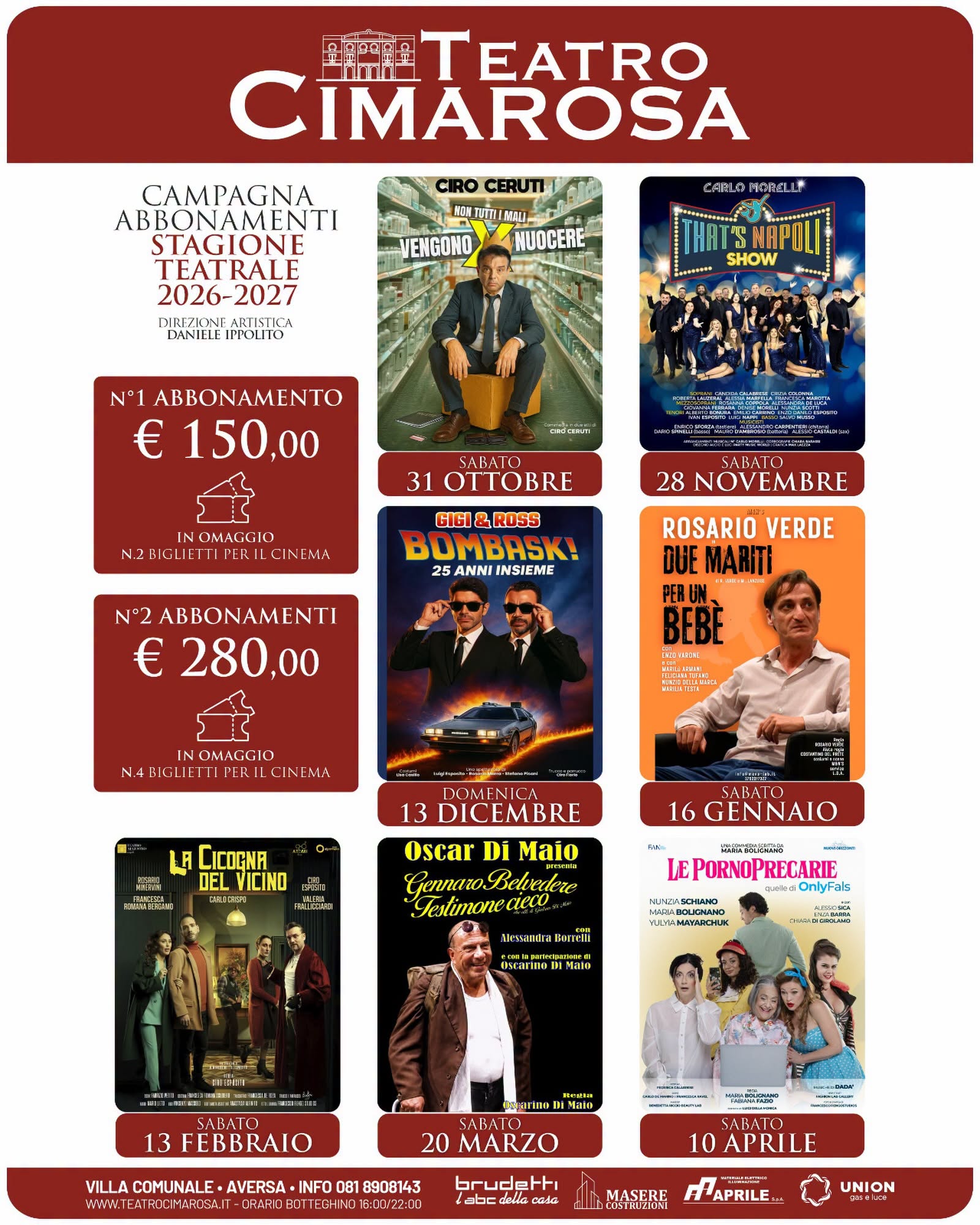 Teatro Cimarosa di Aversa, al via la stagione 2026/2027: grandi protagonisti, comicità e tradizione sotto la direzione artistica di Daniele Ippolito