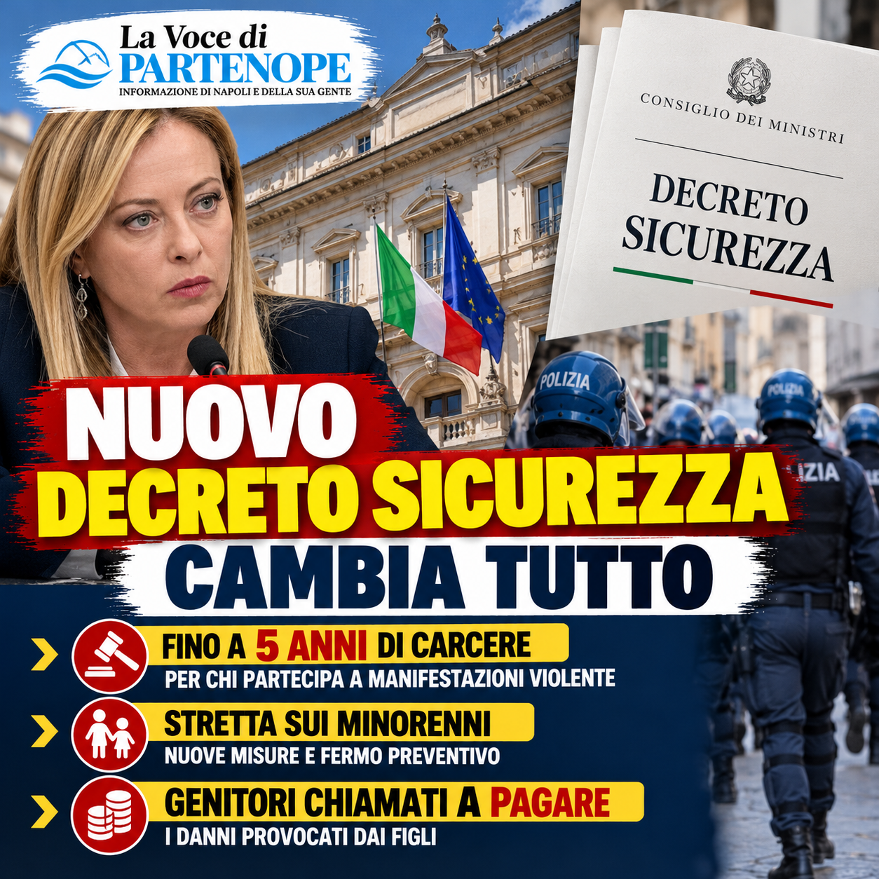 Ultim’ora, il Governo Meloni approva il nuovo Decreto Sicurezza: carcere fino a 5 anni, stretta sui minorenni e genitori chiamati a pagare i danni