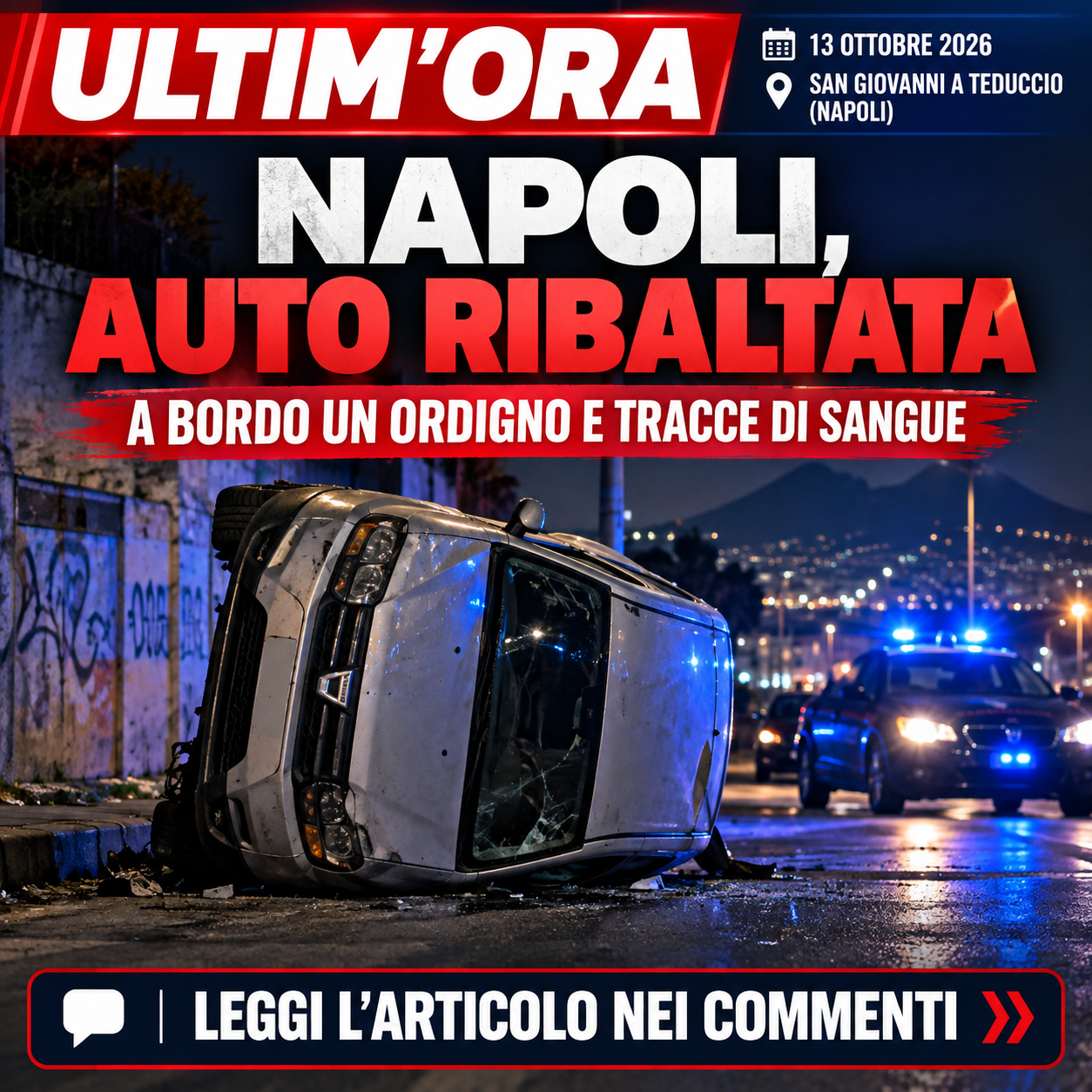 Napoli, auto ribaltata in strada: all’interno una bomba e tracce di sangue. È mistero su chi fosse a bordo