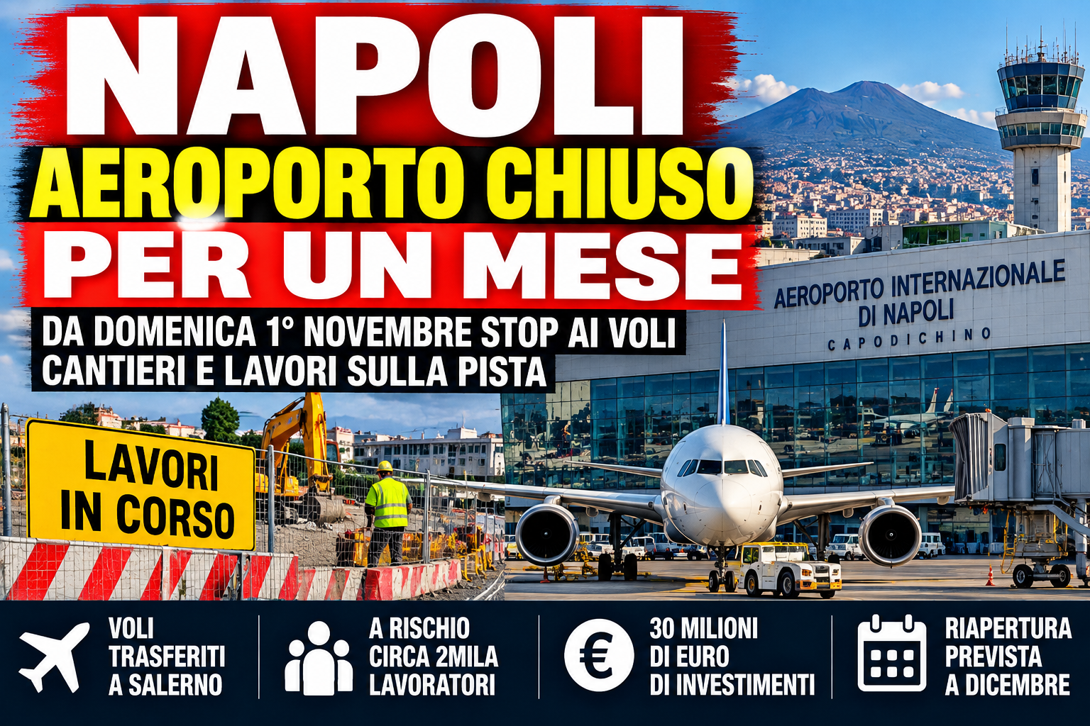 Napoli, da domenica aeroporto chiuso per un mese: scatta l’allarme per migliaia di lavoratori e passeggeri